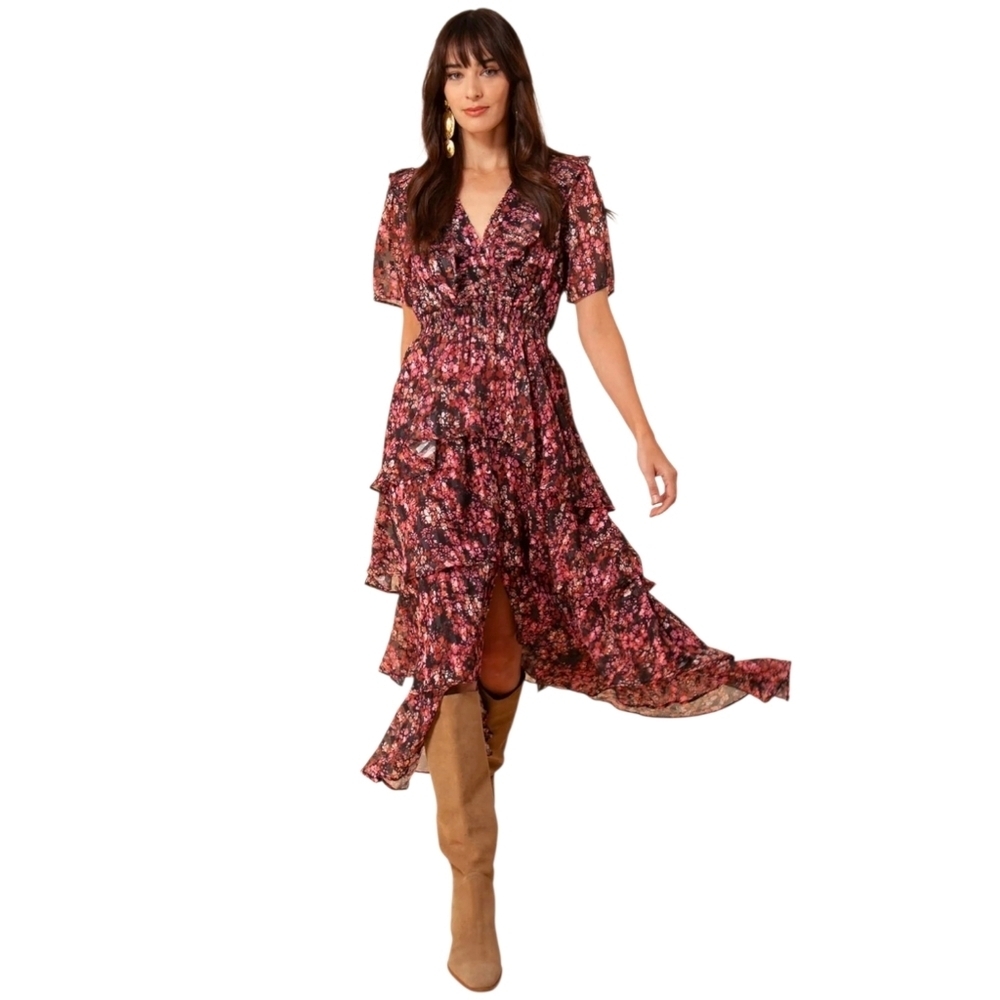 Hale Bob Jade Fit Flare Tiered Midi Dress Floral Ruffle Short Sleeve V Neck XS - Picture 2 of 11